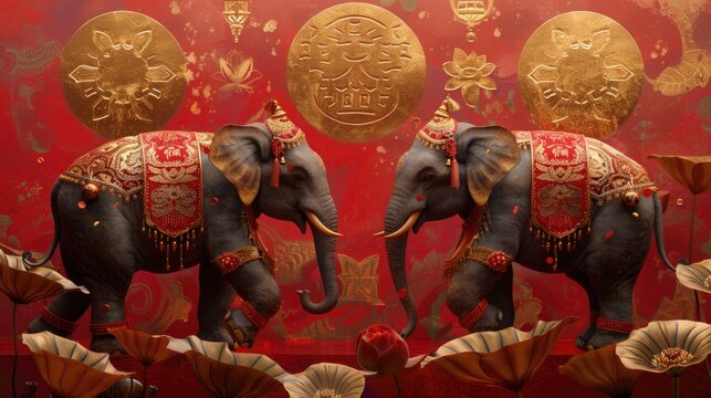 Sophisticated card with elephants in festive attire among lotus flowers, ancient Sinhalese symbols, and a golden sun for New Year prosperity.