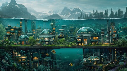 A painting of a futuristic underwater city with a bridge connecting it to the surface. The mood of the painting is one of wonder and amazement at the creativity of the artist - obrazy, fototapety, plakaty