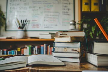 Image of school books stacked on a desk, with educational content written on a whiteboard in the background, symbolizing a focused learning environment. - obrazy, fototapety, plakaty
