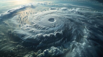 A storm cloud with a spiral shape. The sky is blue and the clouds are white. The storm is very large and is surrounded by a lot of clouds