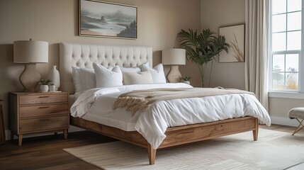 Modern interior bedroom, set against a backdrop of neutral walls and hardwood floors. Minimalist furnishings.