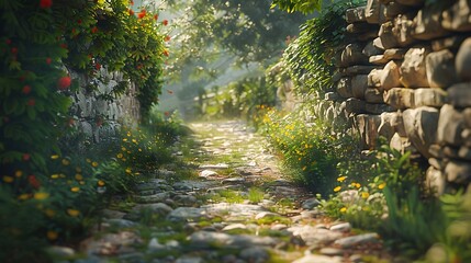 A secret garden hidden behind a stone wall along a village lane - obrazy, fototapety, plakaty