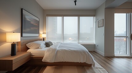 Fototapeta na wymiar Modern interior bedroom, set against a backdrop of neutral walls and hardwood floors. Minimalist furnishings.
