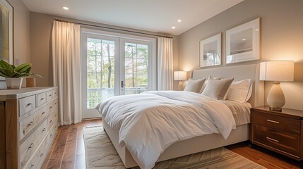 Fototapeta premium Modern interior bedroom, set against a backdrop of neutral walls and hardwood floors. Minimalist furnishings.