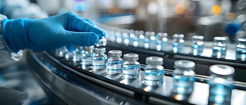 Inspecting Medical Vials on a Pharmaceutical Factory Assembly Line: A Closeup View. Concept Medical inspections, Vial quality check, Pharmaceutical manufacturing, Factory assembly line, Closeup view