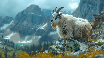 a serene alpine meadow, where a mountain goat perches precariously on a rocky outcrop, its sure-footedness a testament to the adaptability of wildlife, in stunning 8k full ultra HD. - obrazy, fototapety, plakaty