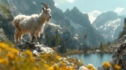 a serene alpine meadow, where a mountain goat perches precariously on a rocky outcrop, its sure-footedness a testament to the adaptability of wildlife, in stunning 8k full ultra HD.