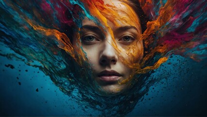 A vibrant and dynamic abstract background with a face emerging from the depths, its features shifting and changing with every passing moment. - obrazy, fototapety, plakaty