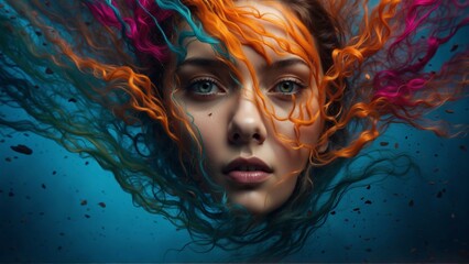 A vibrant and dynamic abstract background with a face emerging from the depths, its features shifting and changing with every passing moment.