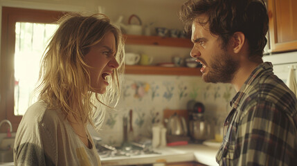 A homely image capturing a couple involved in a seemingly serious or deep conversation in a kitchen environment