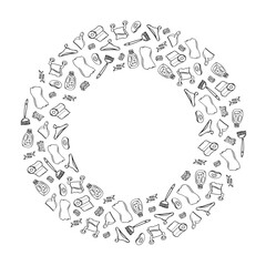 round frame of home cleaning equipment in hand drawn style