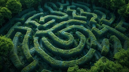 A maze made of hedges and trees. The maze is green and has a lot of leaves - obrazy, fototapety, plakaty