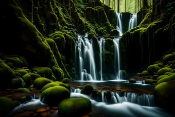 A tranquil scene of a waterfall gently trickling down a moss-covered wall, creating a soothing soundtrack of nature's symphony - obrazy, fototapety, plakaty