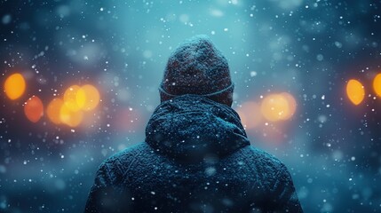 Man in winter clothes on blurred background with bokeh lights - obrazy, fototapety, plakaty