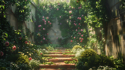 A secret garden hidden behind ivy-covered walls, filled with rare and delicate blooms - obrazy, fototapety, plakaty