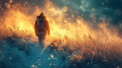 Poster Man walking in the snowy at sunset. Winter concept. © taraskobryn