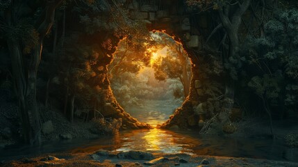 A dark forest with a large hole in the middle. The hole is surrounded by trees and has a river flowing through it. The scene is mysterious and eerie, with the moonlight shining through the hole - obrazy, fototapety, plakaty