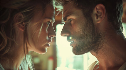 A suggestive image of a man and woman nearly facing each other in extreme proximity, creating tension or anticipation