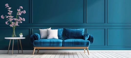 Minimalist Blue Sofa Against Dark Teal Wall