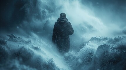 person in heavy snowfall and blizzards in winter - obrazy, fototapety, plakaty