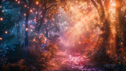 A forest with a path that is lit up with colorful lights. The lights are scattered throughout the forest, creating a magical and whimsical atmosphere. The colors of the lights are bright and vibrant