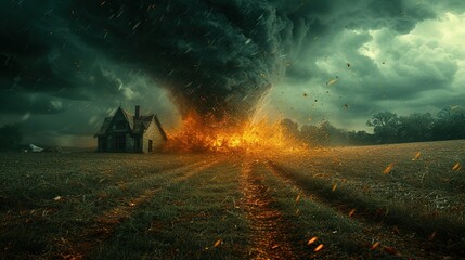 a dangerous tornado destroys the house - obrazy, fototapety, plakaty