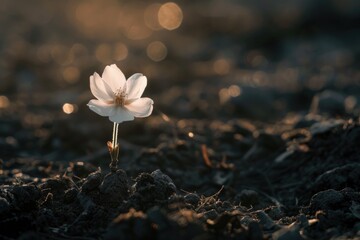 A cherry blossom sapling emerging from murky, shadowed ground, with delicate petals catching dim light - obrazy, fototapety, plakaty