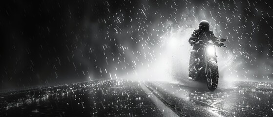 Fototapeta premium Motorcyclist riding a motorcycle in the rain on the road at night. Dlack and white