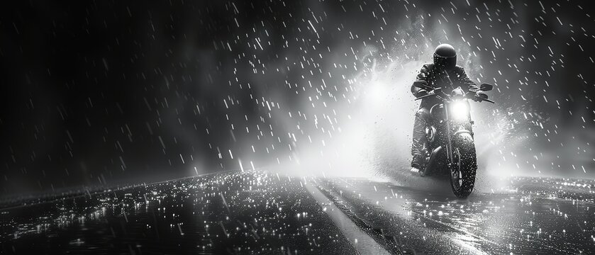 Motorcyclist riding a motorcycle in the rain on the road at night. Dlack and white
