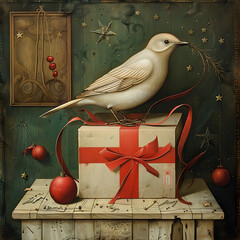 Dove and  a Wrapped Gift Box Suitable for a Christmas Card