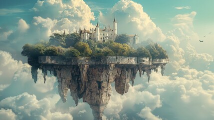 A castle is floating in the sky above a lush green forest. The castle is surrounded by trees and has a castle-like appearance. The sky is filled with clouds, giving the scene a dreamy - obrazy, fototapety, plakaty
