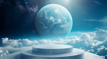 Empty white podium in front of massive blue planet on cloudy starry sky background for product presentation