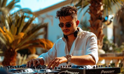 Mediterranean vibes. Playing DJ in the sunshine of villa garden