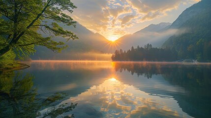 A beautiful lake with a tree in the foreground. The sun is setting and the sky is filled with clouds. The water is calm and still, reflecting the sky and the tree. The scene is peaceful and serene - obrazy, fototapety, plakaty