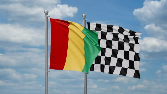 Republic of Guinea and racing checkered two flags waving together, looped video