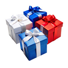Obraz premium 3 Different colors gift boxes blue red and white isolated on transparent background.