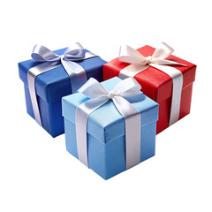 Obraz premium 3 Different colors gift boxes blue red and white isolated on transparent background.