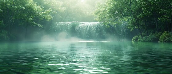 Beautiful waterfall in the forest with sunlight. Panoramic view of waterfall in deep forest.