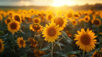 Obraz premium A field of yellow sunflowers with a single yellow flower in the middle. The sun is shining brightly on the field, creating a warm and inviting atmosphere
