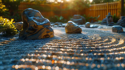 A serene Japanese Zen garden, where carefully placed rocks and raked gravel inspire tranquility