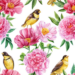 Seamless pattern with floral. Watercolor birds and peonies flowers background. Spring illustration romantic, hand drawn