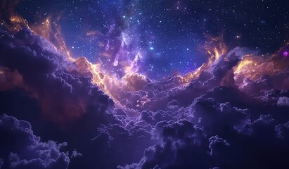 Night cosmic sky with clouds and stars. The concept of celestial harmony and expansion.