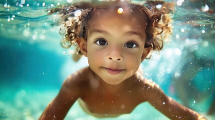 One child playing underwater in the pool. looking at the camera.