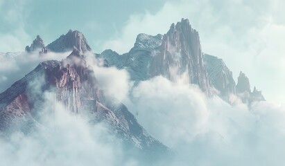 Snow-covered mountain peaks among clouds. The concept of a mountain landscape.
