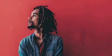 photo of a handsome guy with dreadlocks against a red wall background with copy space on the left,...