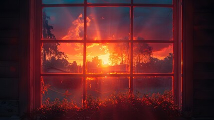 a vibrant sunset painting the sky in hues of orange and pink, as viewed through the silhouette of trees outside a window, in stunning 8k full ultra HD.