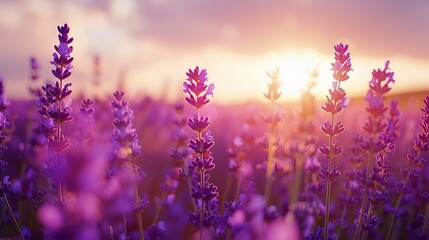 A serene field of lavender, stretching as far as the eye can see The purple hues and aromatic scent create a calming and picturesque landscape, celebrated for its beauty and therapeutic qualities - obrazy, fototapety, plakaty