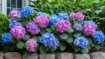 A vibrant hydrangea bush in full summer bloom, with lush clusters of flowers ranging from blue to pink, depending on the soils acidity This plant adds a splash of bold color to any garden - obrazy, fototapety, plakaty