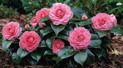 Evergreen camellias, with glossy leaves and winter blooms, offering a splash of color in the colder months These resilient plants symbolize adoration and perfection
