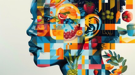 Psychedelic person illustration with food-shaped abstracts hinting at emotions behind eating. Emotional Overeating Awareness Month